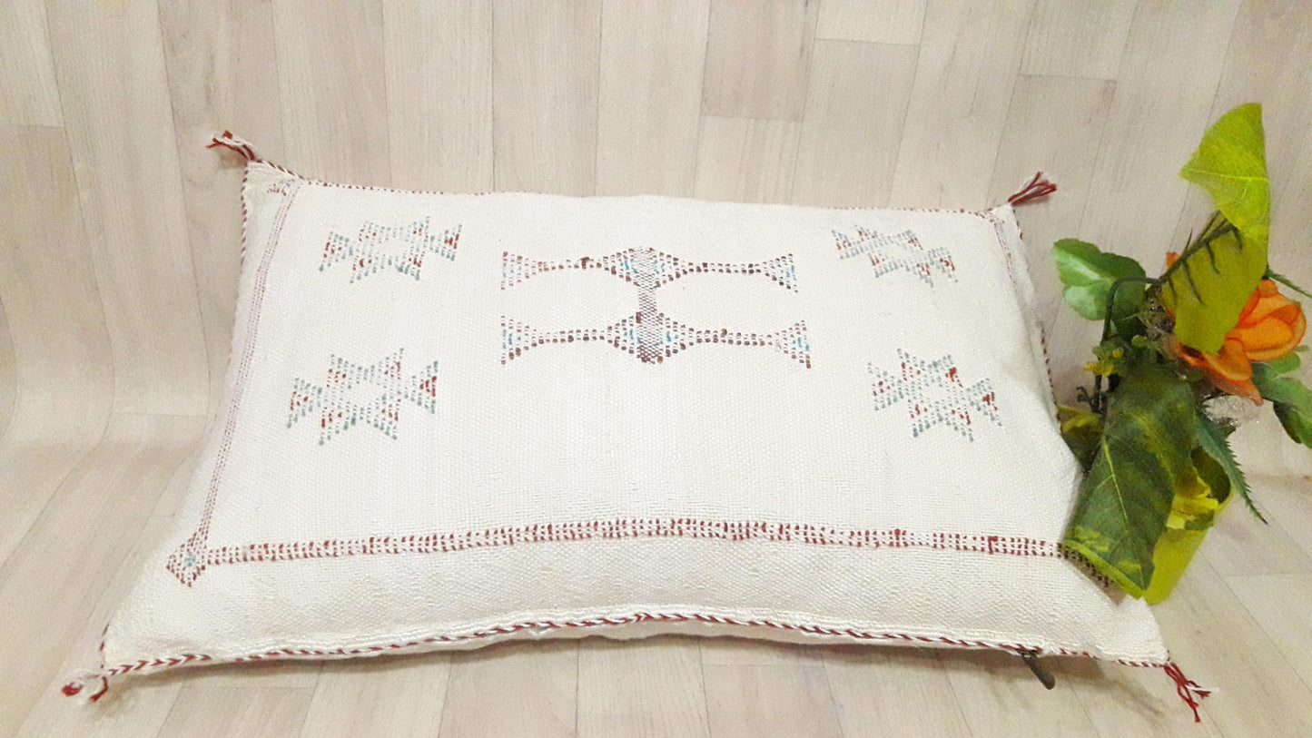 Cactus Silk Cushion Cover - White Sabra Pillow - Handmade Morocco Cushion . Moroccan Sabra Cushion