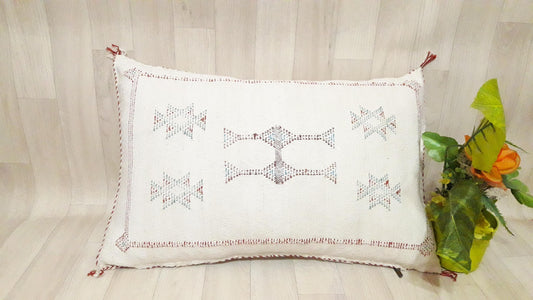 Cactus Silk Cushion Cover - White Sabra Pillow - Handmade Morocco Cushion . Moroccan Sabra Cushion