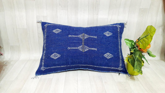 Blue Color Cactus Silk Pillow Cover, Moroccan Boho Throw Pillow ,Hand Woven Berber Pillow, Sabra Cactus Silk Cushion Cover,Pillow,Cushion