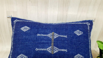 Blue Color Cactus Silk Pillow Cover, Moroccan Boho Throw Pillow ,Hand Woven Berber Pillow, Sabra Cactus Silk Cushion Cover,Pillow,Cushion