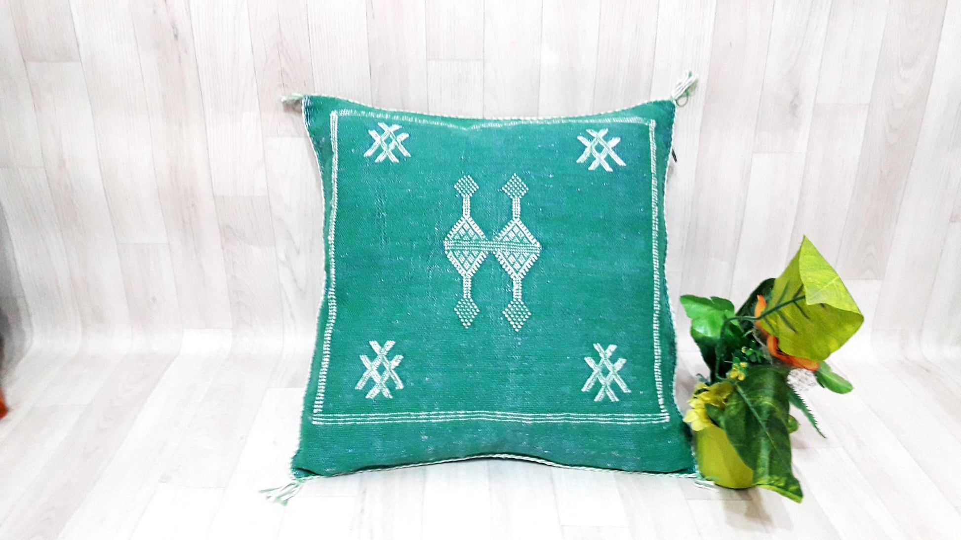Cactus Silk Cushion Cover - Green Sabra Pillow - Handmade Morocco Cushion