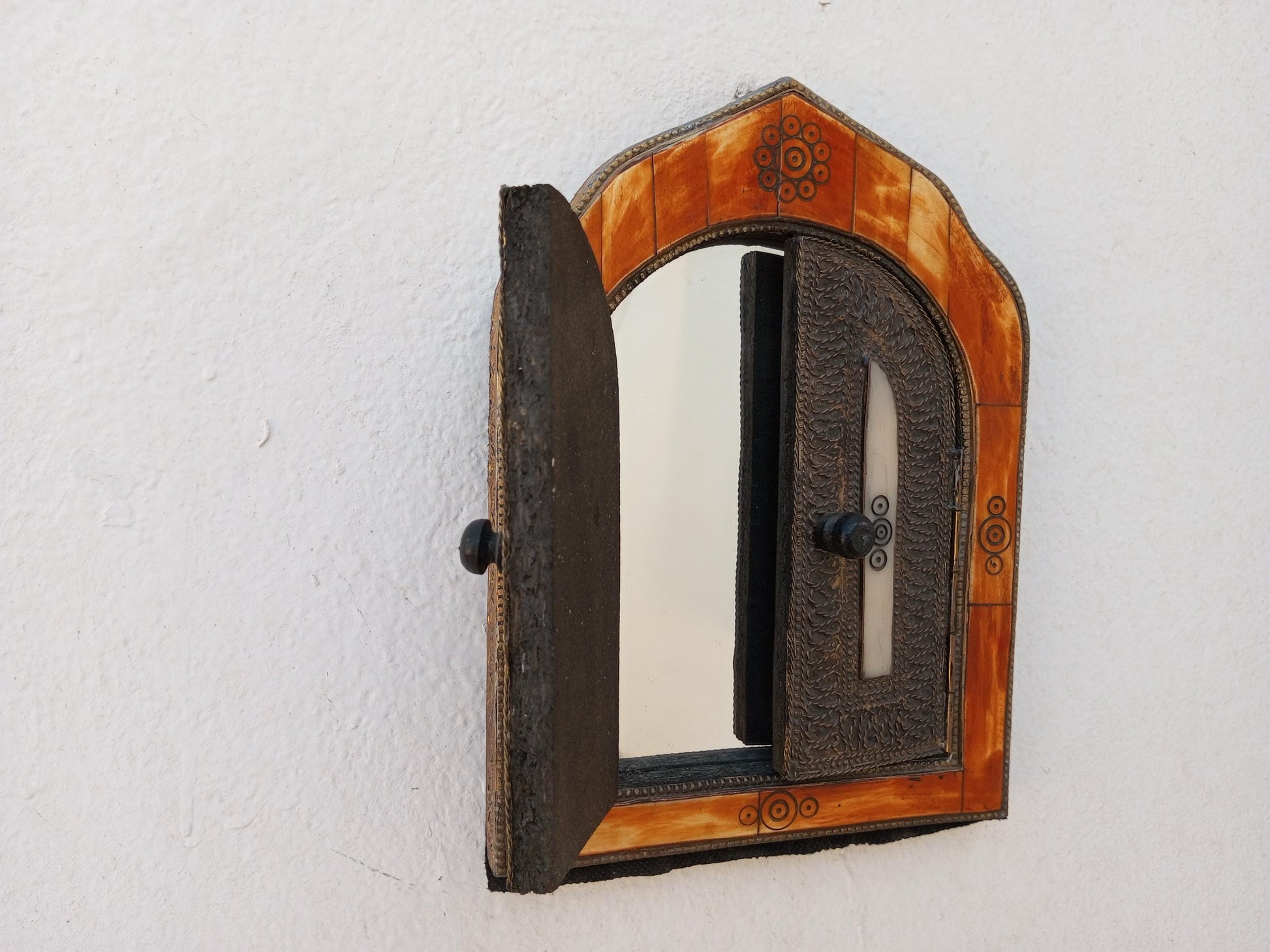 Small Handmade Moroccan Bone Mirror with Small Decorative Doors - Warm-Toned Frame