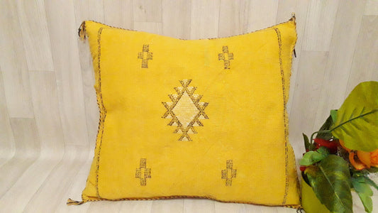 Cactus Silk Cushion Cover - Yellow Sabra Pillow - Handmade Morocco Cushion