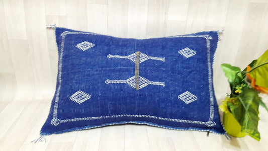 Blue Color Cactus Silk Pillow Cover, Moroccan Boho Throw Pillow ,Hand Woven Berber Pillow, Sabra Cactus Silk Cushion Cover,Pillow,Cushion