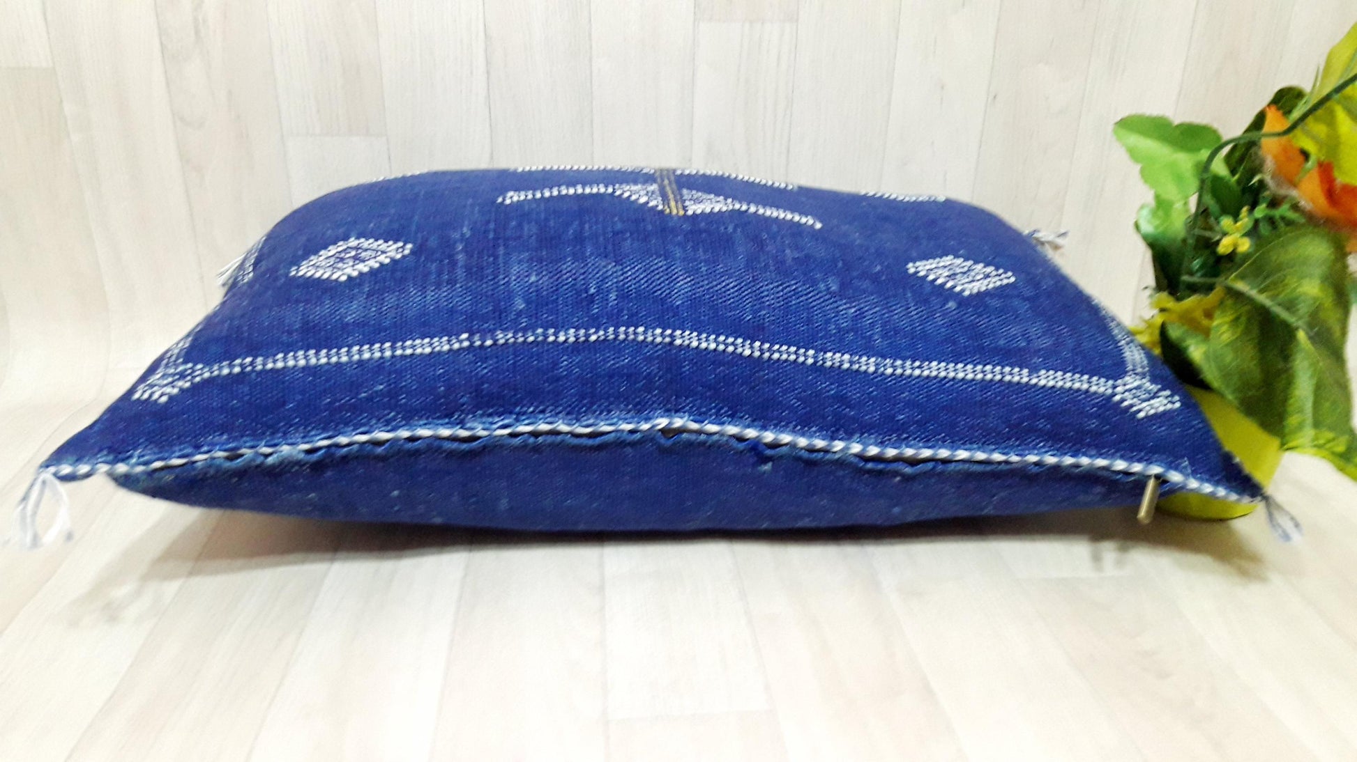 Blue Color Cactus Silk Pillow Cover, Moroccan Boho Throw Pillow ,Hand Woven Berber Pillow, Sabra Cactus Silk Cushion Cover,Pillow,Cushion