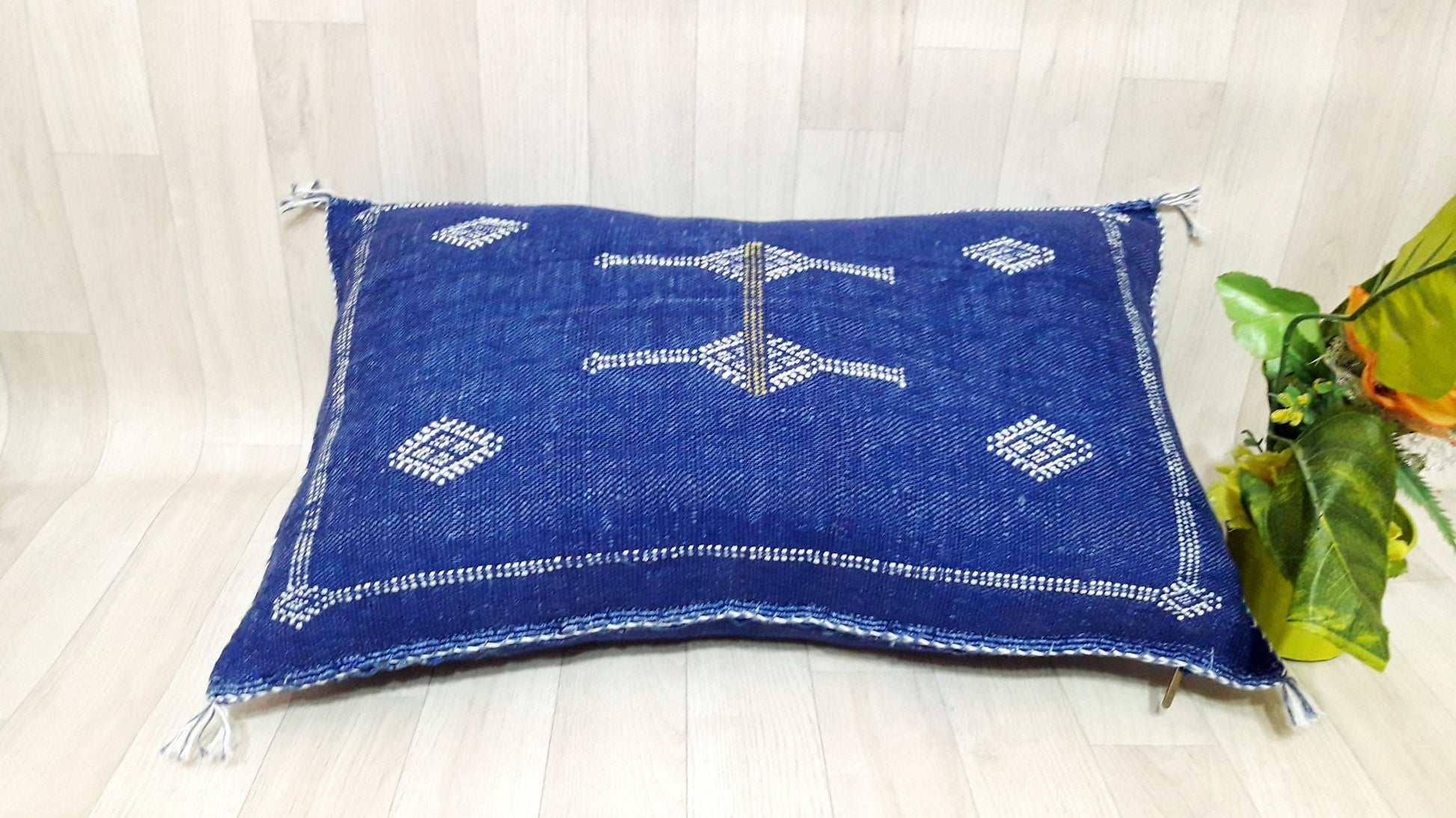 Blue Color Cactus Silk Pillow Cover, Moroccan Boho Throw Pillow ,Hand Woven Berber Pillow, Sabra Cactus Silk Cushion Cover,Pillow,Cushion