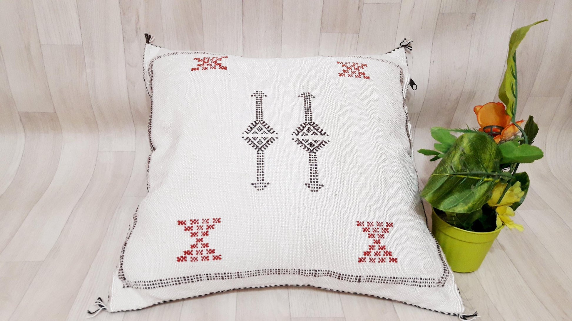 White Color Cactus Silk Pillow Cover, Moroccan Boho Throw Pillow ,Hand Woven Berber Pillow, Sabra Cactus Silk Cushion Cover,Pillow,Cushion
