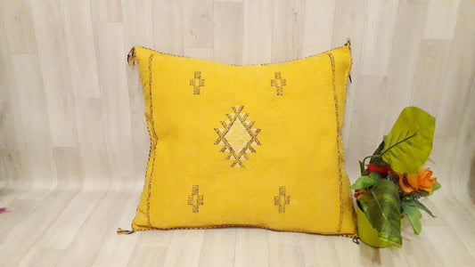Cactus Silk Cushion Cover - Yellow Sabra Pillow - Handmade Morocco Cushion