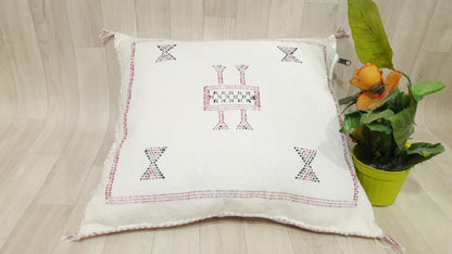 Cactus Silk Cushion Cover - White Sabra Pillow - Handmade Morocco Cushion