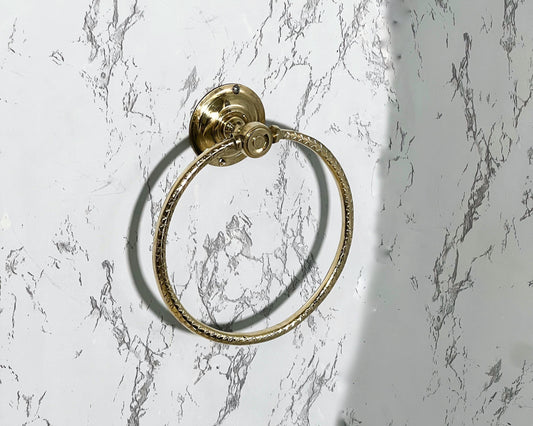 Hammered Brass Hand Towel Holder – Unlacquered Gold Towel Ring Aged Brass Bathroom Hardware Vintage Moroccan Wall Mounted Solid Brass Holder