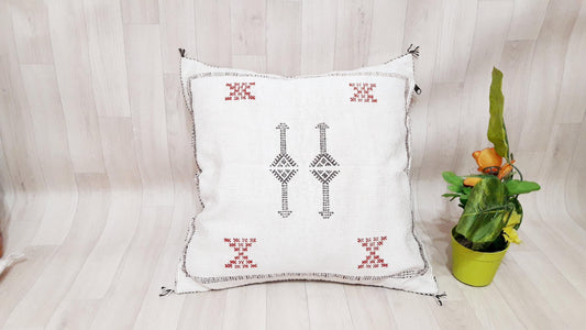 White Color Cactus Silk Pillow Cover, Moroccan Boho Throw Pillow ,Hand Woven Berber Pillow, Sabra Cactus Silk Cushion Cover,Pillow,Cushion