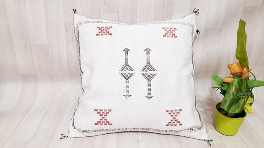 White Color Cactus Silk Pillow Cover, Moroccan Boho Throw Pillow ,Hand Woven Berber Pillow, Sabra Cactus Silk Cushion Cover,Pillow,Cushion