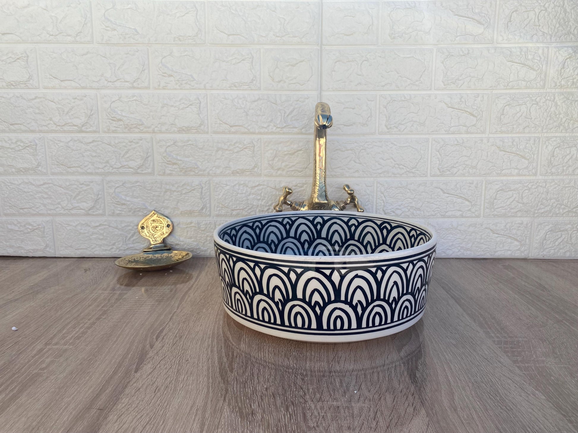 Handmade Ceramic Sink with FREE Brass Faucet and More Special Gifts - Elegant Moroccan Wash Basin - Bathroom Mid-Century Modern Style