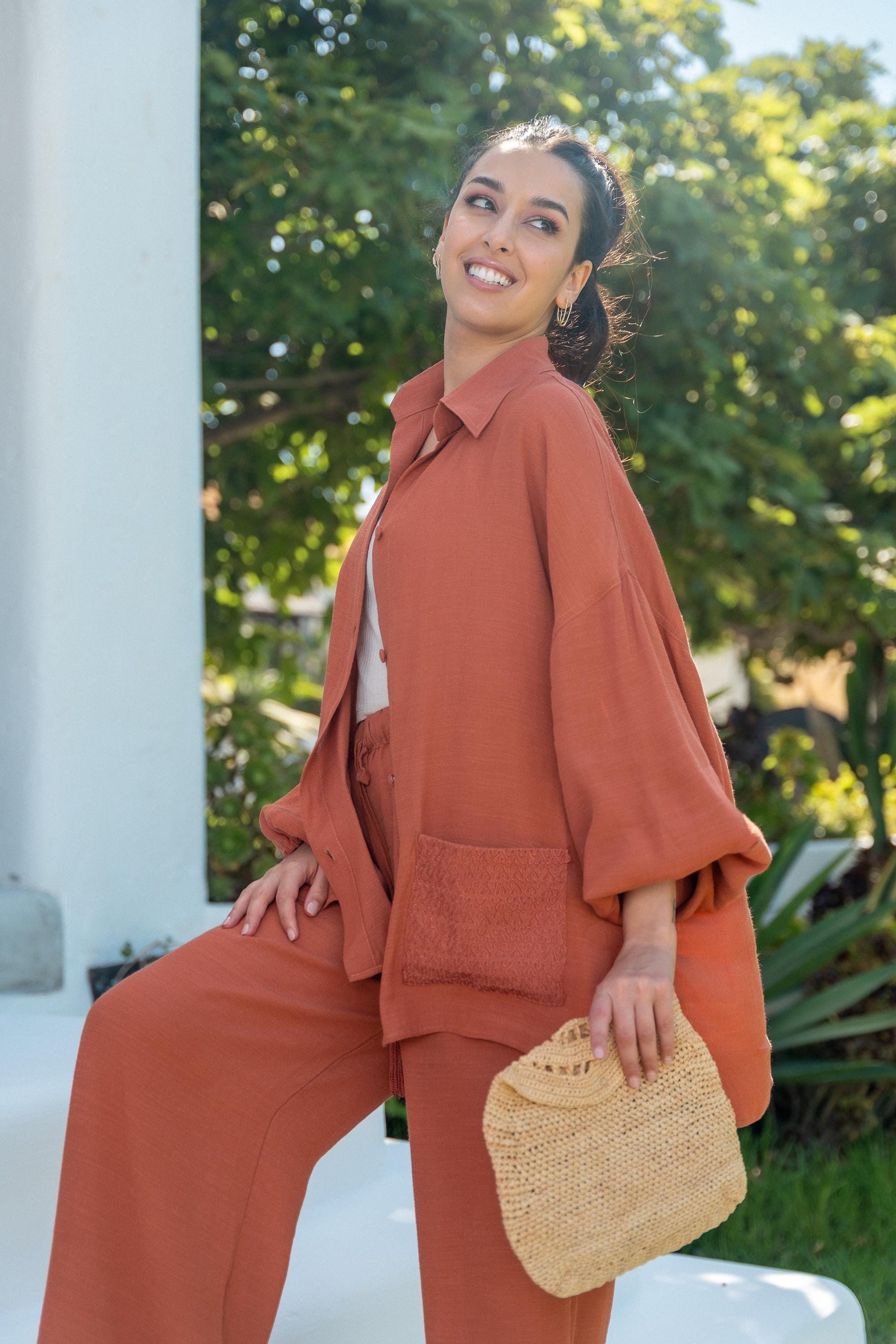 Oversized Shirt and Pants, Brown Linen Set, Women Set, Vacation Must Have Set, Boho Chic