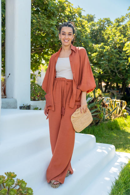 Oversized Shirt and Pants, Brown Linen Set, Women Set, Vacation Must Have Set, Boho Chic