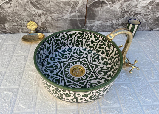 Green Handmade Ceramic Sink -FREE Brass Faucet & More Gifts- Moroccan Bathroom Washbasin- Bathroom Vanity Centerpiece for Eco-Friendly Decor