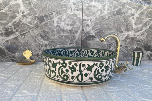 Green Handmade Ceramic Sink -FREE Brass Faucet & More Gifts- Moroccan Bathroom Washbasin- Bathroom Vanity Centerpiece for Eco-Friendly Decor