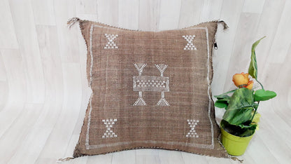 Brown Cactus Silk Pillow Cover, Moroccan Boho Throw Pillow , Morocco Handmade Pillow, Sabra Cactus Silk Cushion,Home Decor