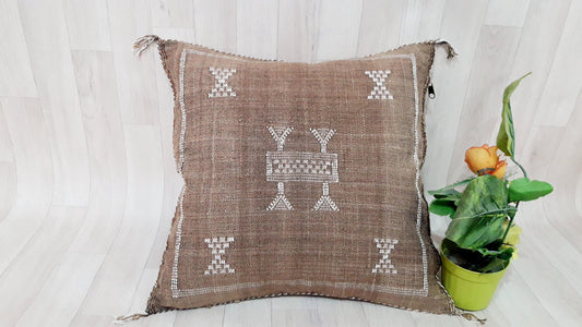 Brown Cactus Silk Pillow Cover, Moroccan Boho Throw Pillow , Morocco Handmade Pillow, Sabra Cactus Silk Cushion,Home Decor