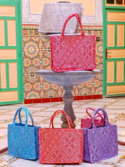 Handmade Wool Tote Bag with Moroccan Amazigh Patterns – Colorful Bags for Women, Weekender, Beach Bag