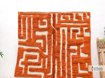 HAND TUFTED RUG, Bright Orange Moroccan Rug, Unique Beni Mrirt Rug, Shaggy Berber Carpet, Custom Made Wool Area Rug, Chic Benirugs.