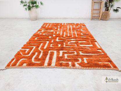 HAND TUFTED RUG, Bright Orange Moroccan Rug, Unique Beni Mrirt Rug, Shaggy Berber Carpet, Custom Made Wool Area Rug, Chic Benirugs.