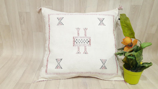 Cactus Silk Cushion Cover - White Sabra Pillow - Handmade Morocco Cushion
