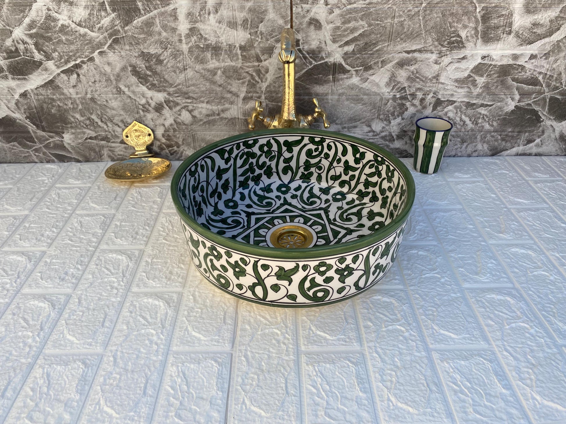 Green Handmade Ceramic Sink -FREE Brass Faucet & More Gifts- Moroccan Bathroom Washbasin- Bathroom Vanity Centerpiece for Eco-Friendly Decor
