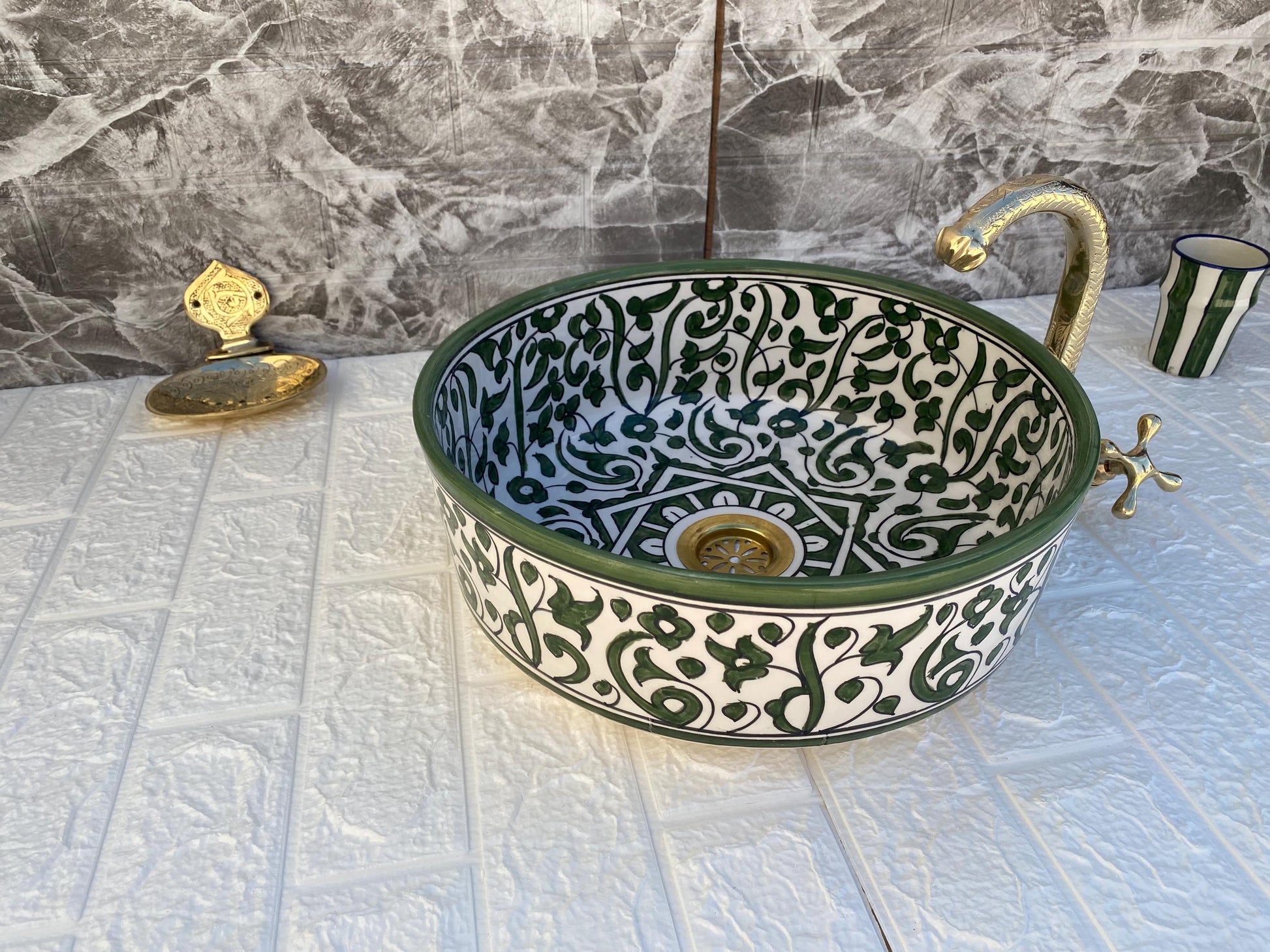 Green Handmade Ceramic Sink -FREE Brass Faucet & More Gifts- Moroccan Bathroom Washbasin- Bathroom Vanity Centerpiece for Eco-Friendly Decor