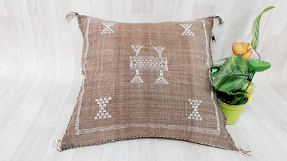 Brown Cactus Silk Pillow Cover, Moroccan Boho Throw Pillow , Morocco Handmade Pillow, Sabra Cactus Silk Cushion,Home Decor