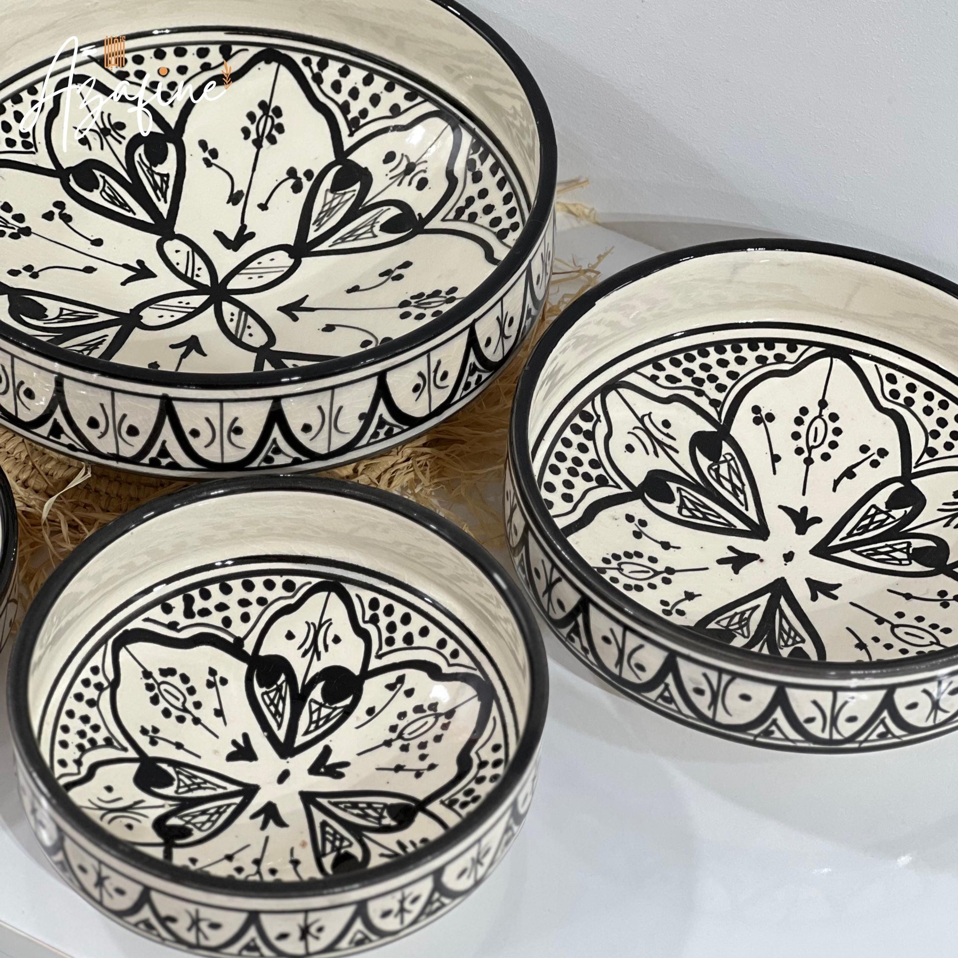 Set of 4 Moroccan Handmade Ceramic Bowls - Handmade Serving Bowls - Black and White Moroccan Motifs - Decorative and Functional Kitchenware