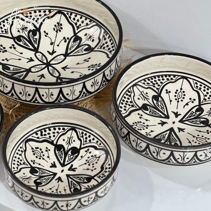 Set of 4 Moroccan Handmade Ceramic Bowls - Handmade Serving Bowls - Black and White Moroccan Motifs - Decorative and Functional Kitchenware
