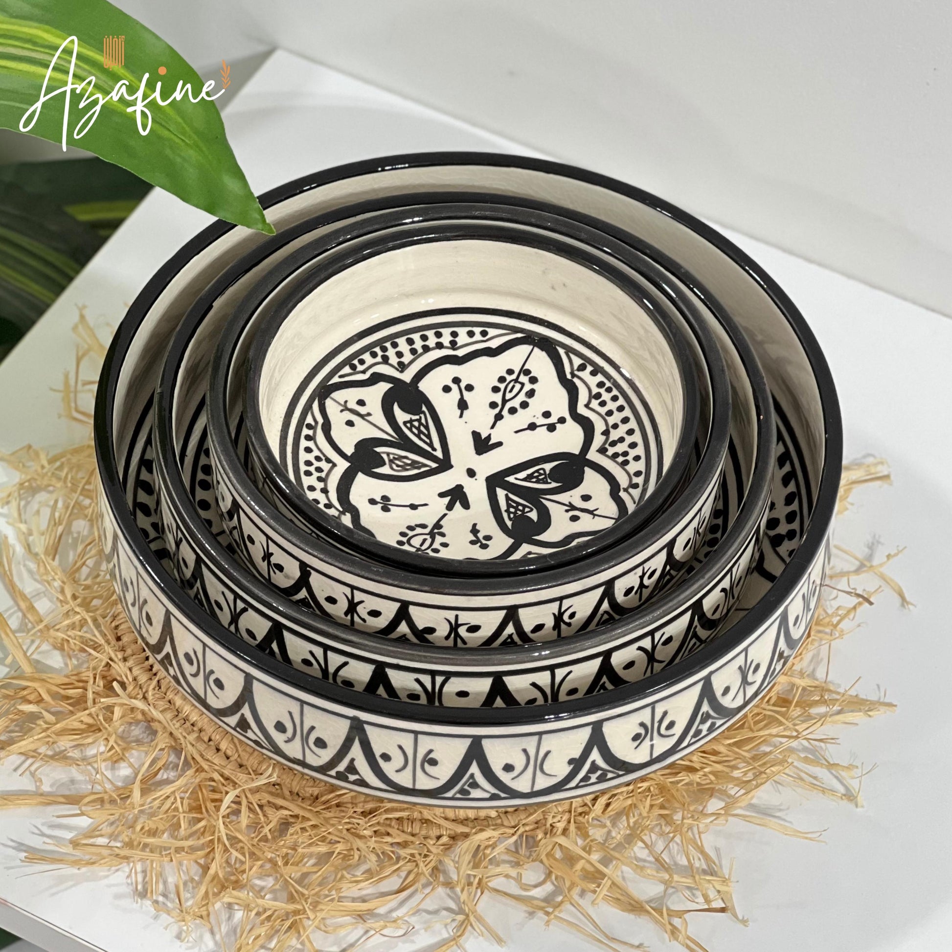 Set of 4 Moroccan Handmade Ceramic Bowls - Handmade Serving Bowls - Black and White Moroccan Motifs - Decorative and Functional Kitchenware