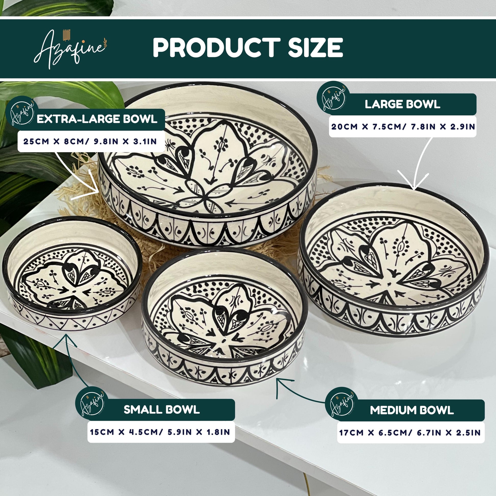 Set of 4 Moroccan Handmade Ceramic Bowls - Handmade Serving Bowls - Black and White Moroccan Motifs - Decorative and Functional Kitchenware