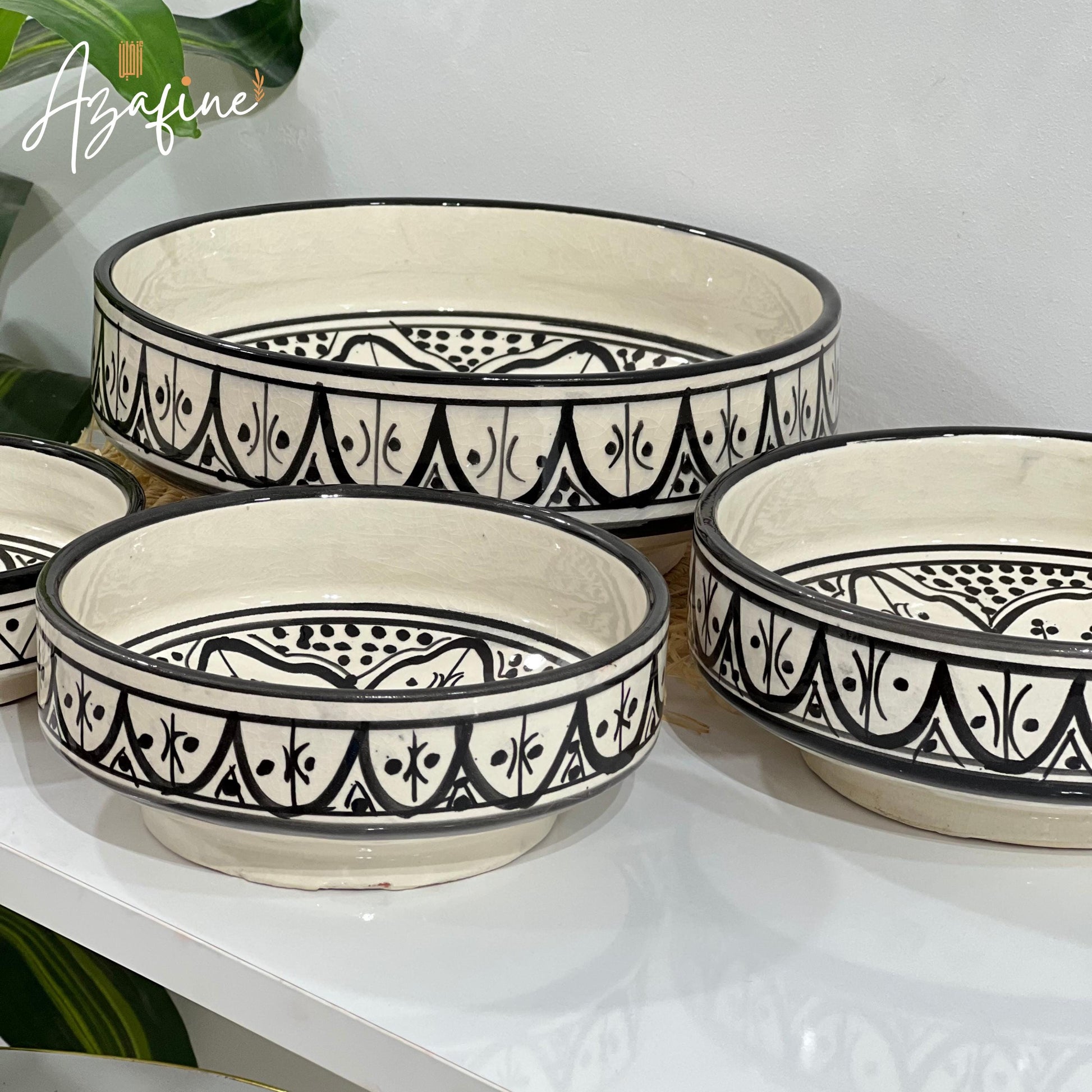 Set of 4 Moroccan Handmade Ceramic Bowls - Handmade Serving Bowls - Black and White Moroccan Motifs - Decorative and Functional Kitchenware