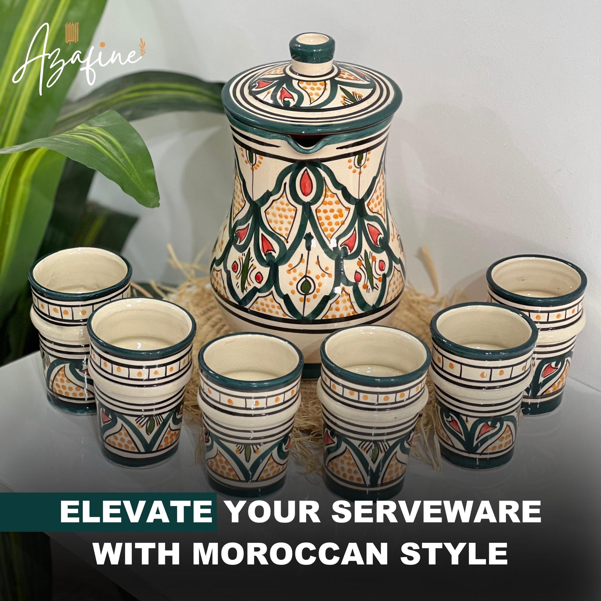 Moroccan Handmade Carafe Set - Handmade Ceramic Drink Set - Ceramic Pitcher & Cups with Traditional Moroccan Motifs - 50Oz Artisan Carafe