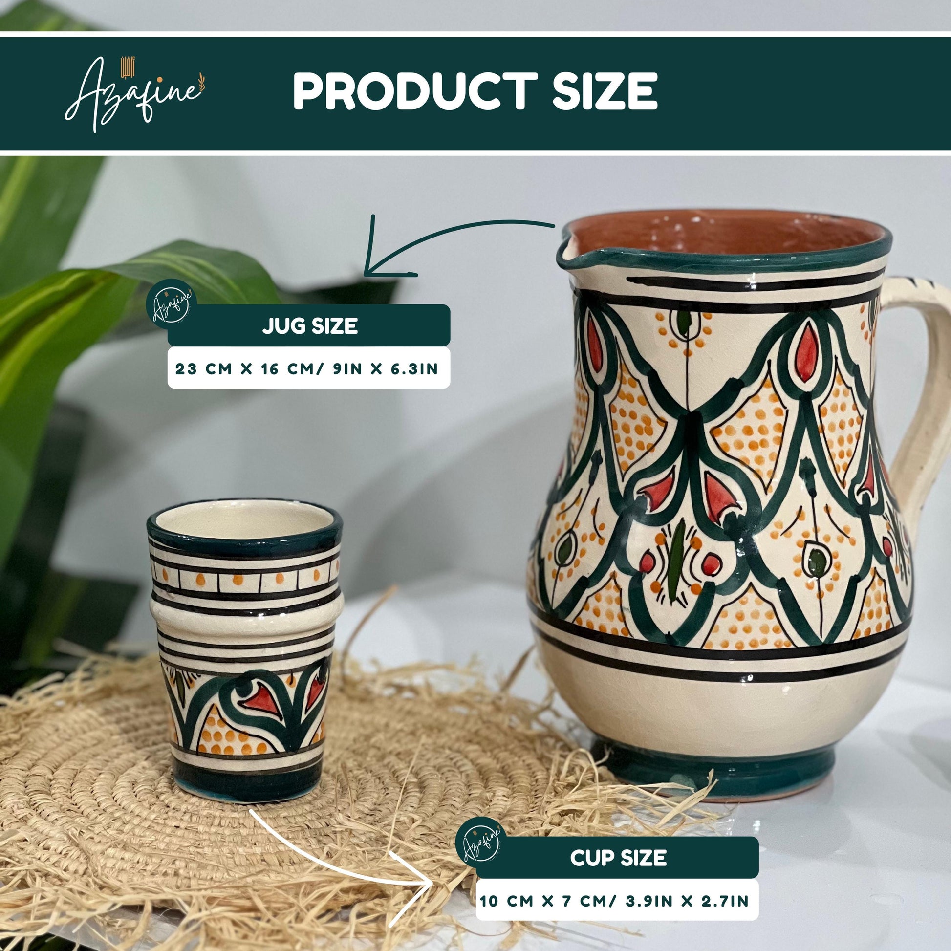 Moroccan Handmade Carafe Set - Handmade Ceramic Drink Set - Ceramic Pitcher & Cups with Traditional Moroccan Motifs - 50Oz Artisan Carafe
