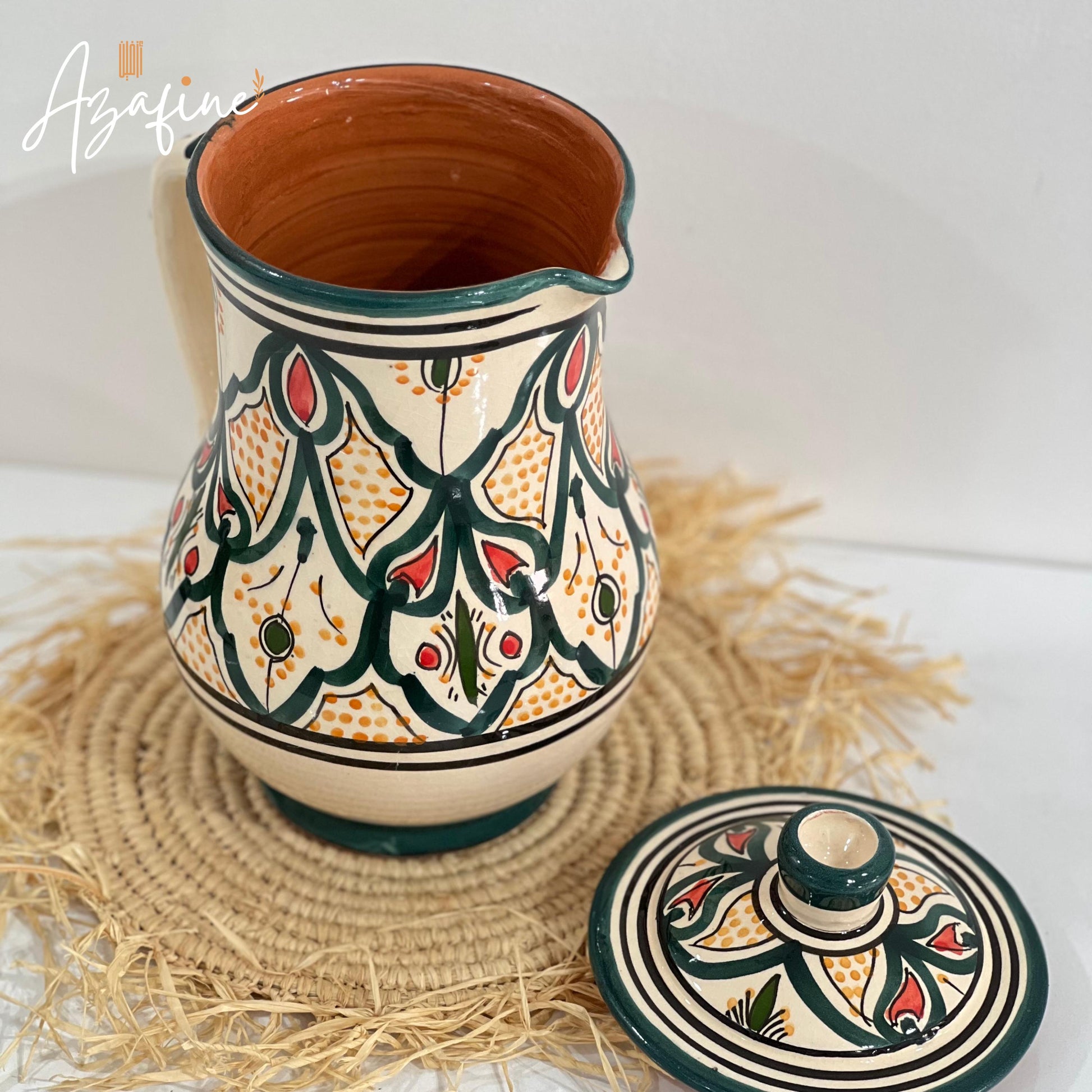 Moroccan Handmade Carafe Set - Handmade Ceramic Drink Set - Ceramic Pitcher & Cups with Traditional Moroccan Motifs - 50Oz Artisan Carafe