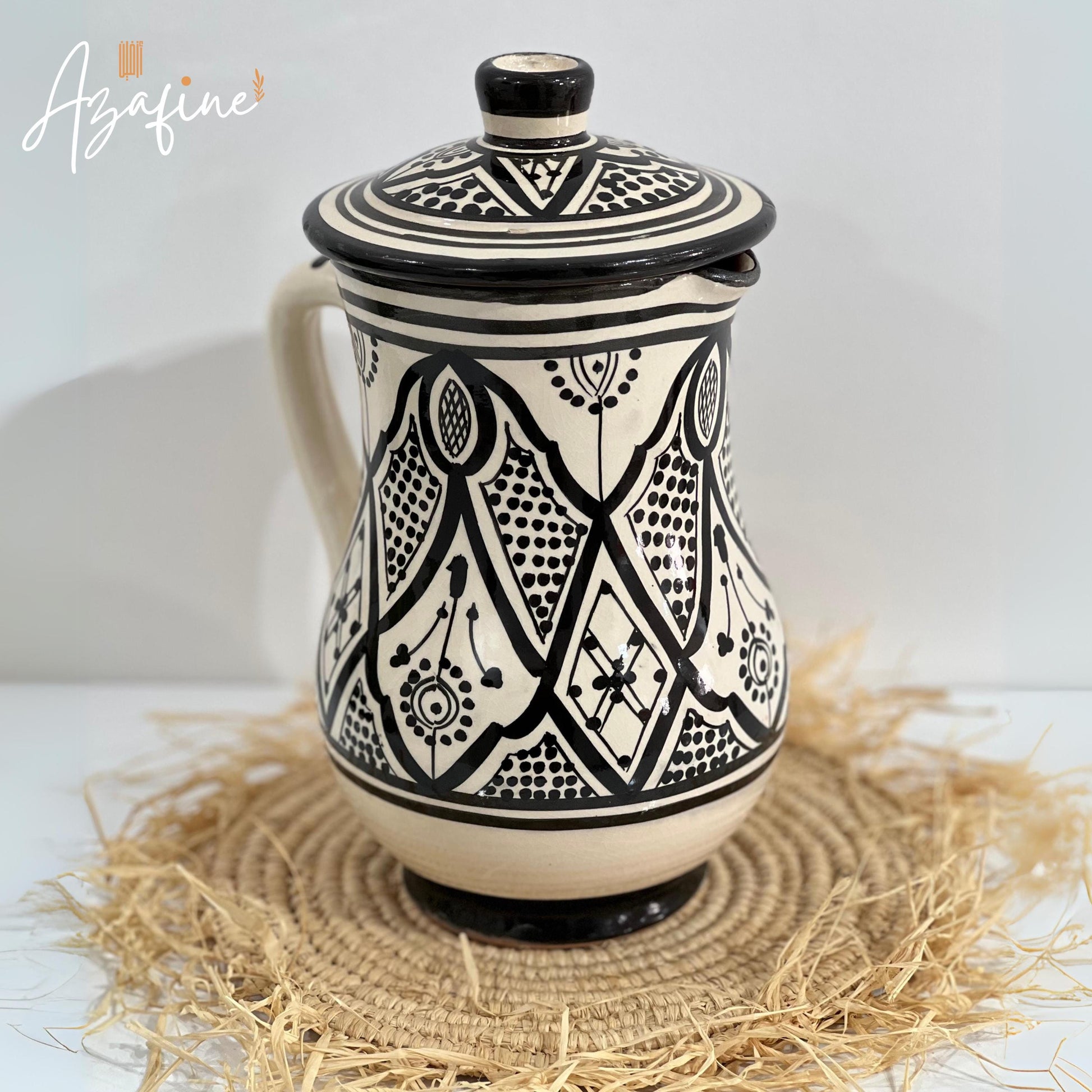 Moroccan Handmade Carafe Set - Handmade Ceramic Drink Set - Ceramic Pitcher & Cups with Traditional Moroccan Motifs - 50Oz Artisan Carafe