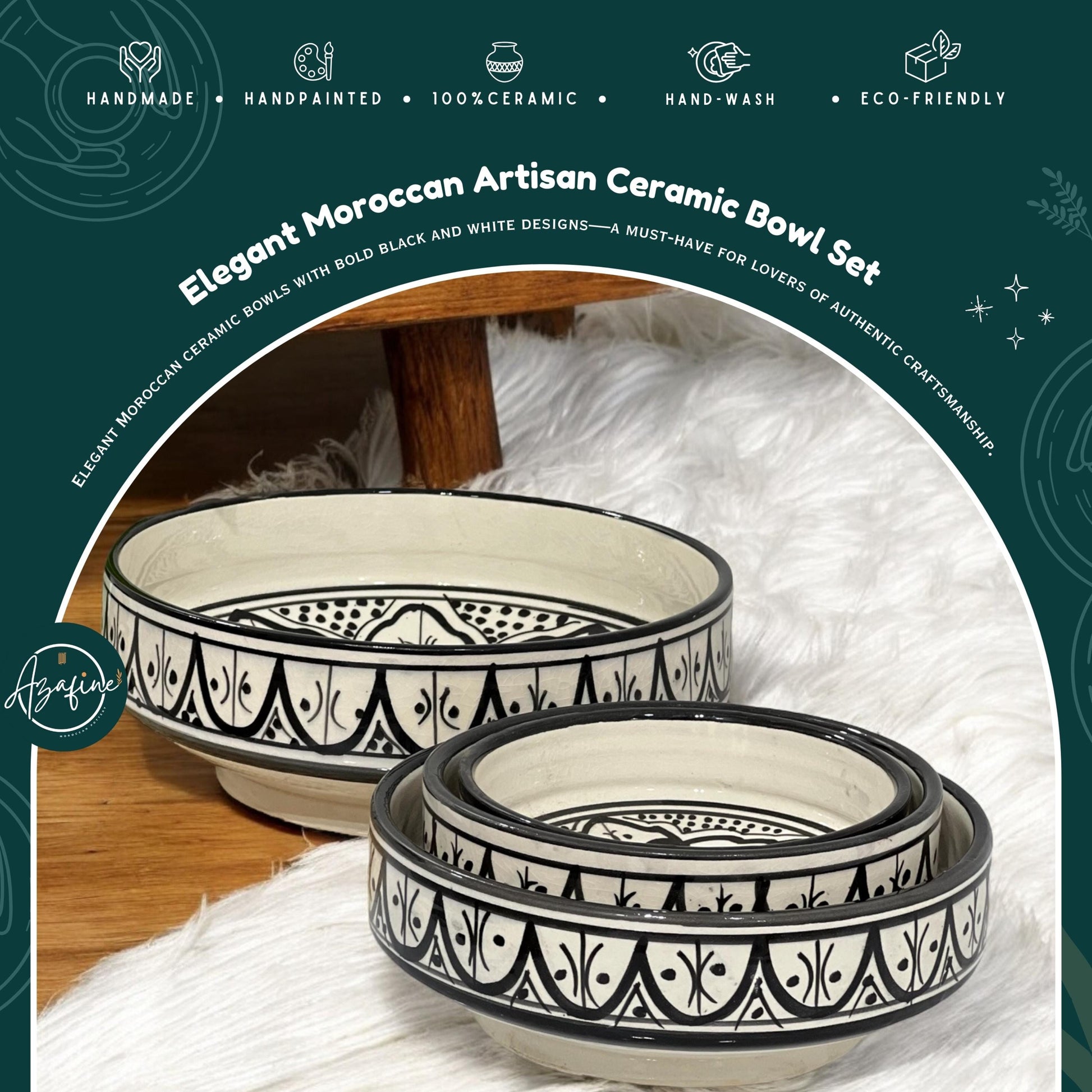 Set of 4 Moroccan Handmade Ceramic Bowls - Handmade Serving Bowls - Black and White Moroccan Motifs - Decorative and Functional Kitchenware