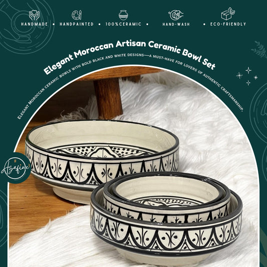 Set of 4 Moroccan Handmade Ceramic Bowls - Handmade Serving Bowls - Black and White Moroccan Motifs - Decorative and Functional Kitchenware