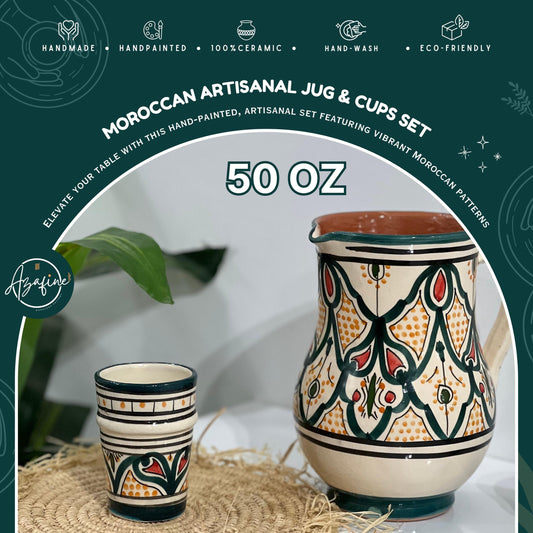 Moroccan Handmade Carafe Set - Handmade Ceramic Drink Set - Ceramic Pitcher & Cups with Traditional Moroccan Motifs - 50Oz Artisan Carafe