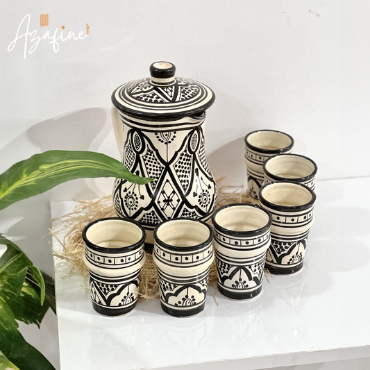 Moroccan Handmade Carafe Set - Handmade Ceramic Drink Set - Ceramic Pitcher & Cups with Traditional Moroccan Motifs - 50Oz Artisan Carafe