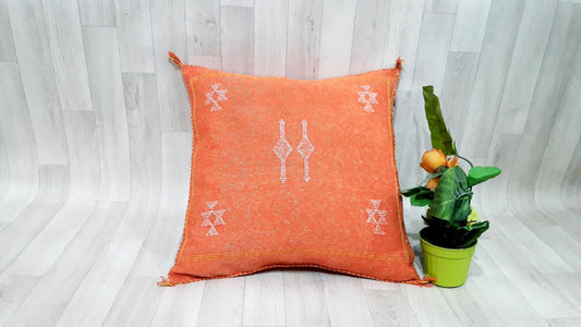 Orange Cactus Silk Pillow Cover, Moroccan Boho Throw Pillow , Hand Woven Berber Pillow, Sabra Cactus Silk Cushion Cover,Pillow,Cushion