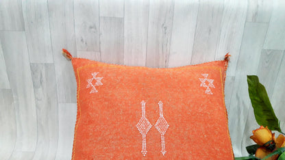Orange Cactus Silk Pillow Cover, Moroccan Boho Throw Pillow , Hand Woven Berber Pillow, Sabra Cactus Silk Cushion Cover,Pillow,Cushion