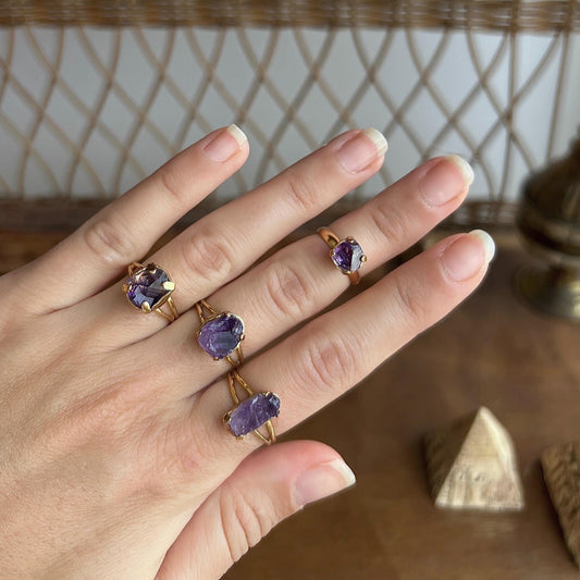 Amethyst Ring, Gold, Adjustable Ring, Crystal Ring, Amethyst Jewelry, Third Eye Chakra, Nickel-Free, Crystal Gift, Raw Purple Gemstone