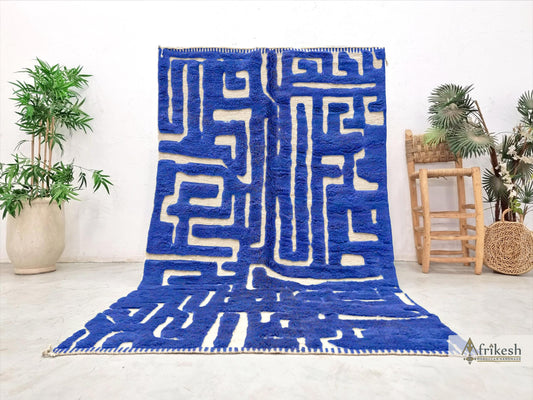 MOROCCAN RUG, Beni Mrirt Shag Rug, Handmade Berber Carpet, Royal Blue Wool Rug, Hand-Tufted Area Rug, Custom Size Benirugs.