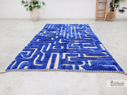 MOROCCAN RUG, Beni Mrirt Shag Rug, Handmade Berber Carpet, Royal Blue Wool Rug, Hand-Tufted Area Rug, Custom Size Benirugs.