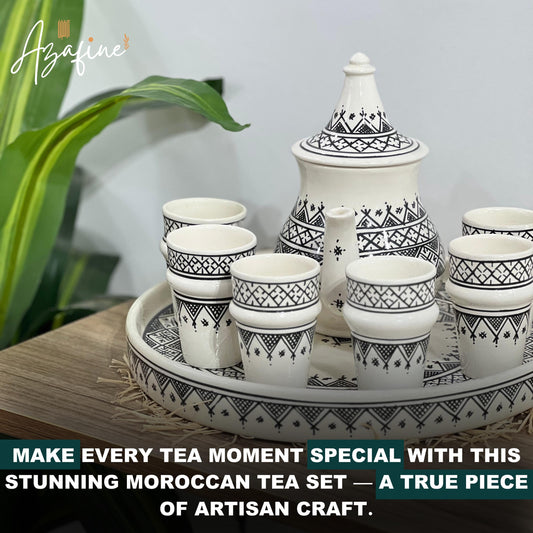 Moroccan Handmade Tea Set, Traditional Teapot with 6 Cups and Tray, Handpainted Tea Set, Ceramic Serving Teapot, Housewarming for Tea Lovers