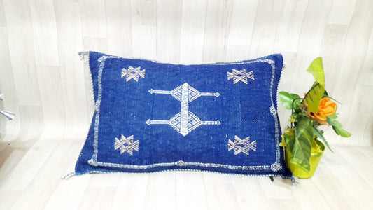 Cactus Silk Cushion Cover - Blue Sabra Pillow - Handmade Morocco Cushion . Moroccan Sabra Cushion